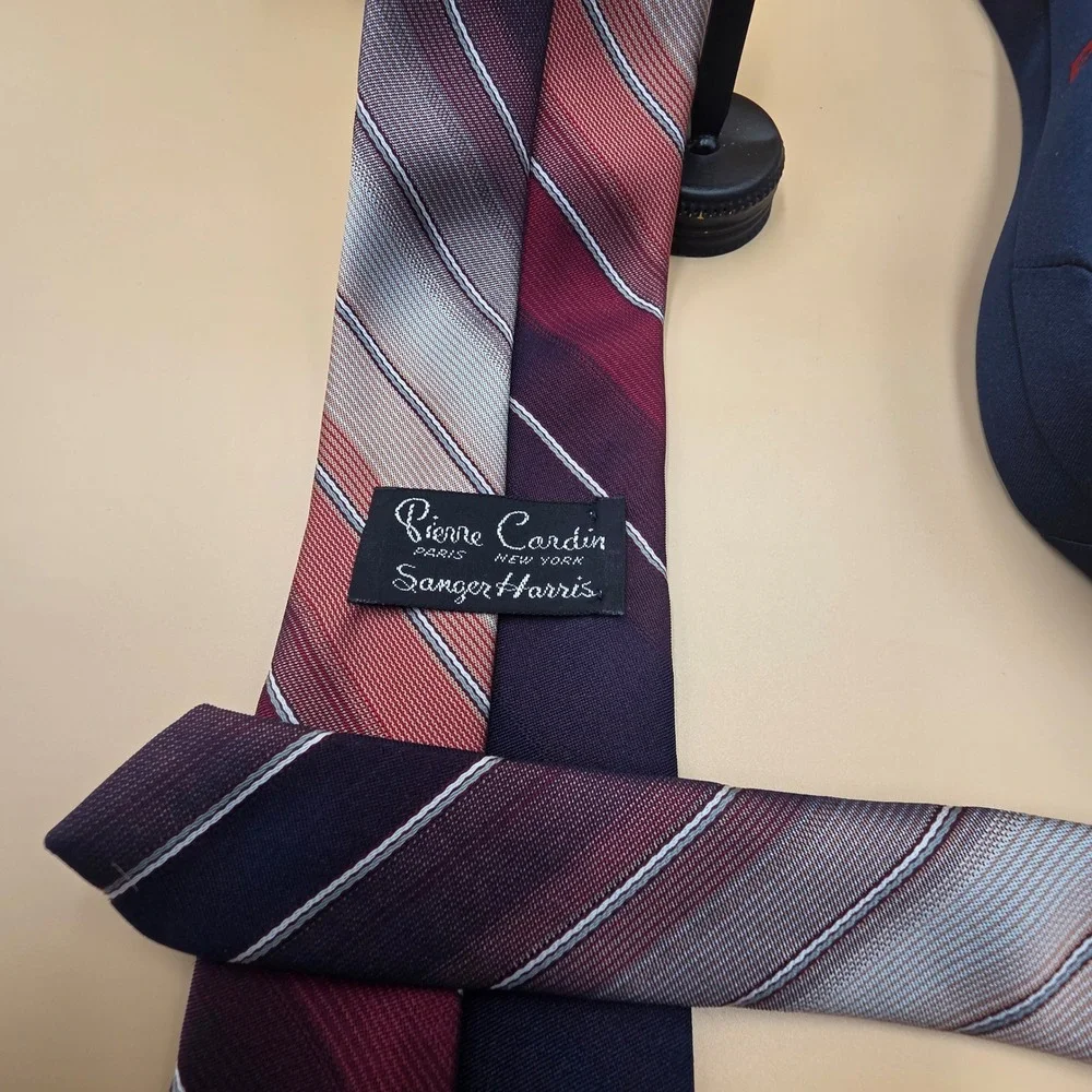 Pierre Cardin Mens Striped Necktie Navy Blue Burgundy Sanger Harris Vintage Tie